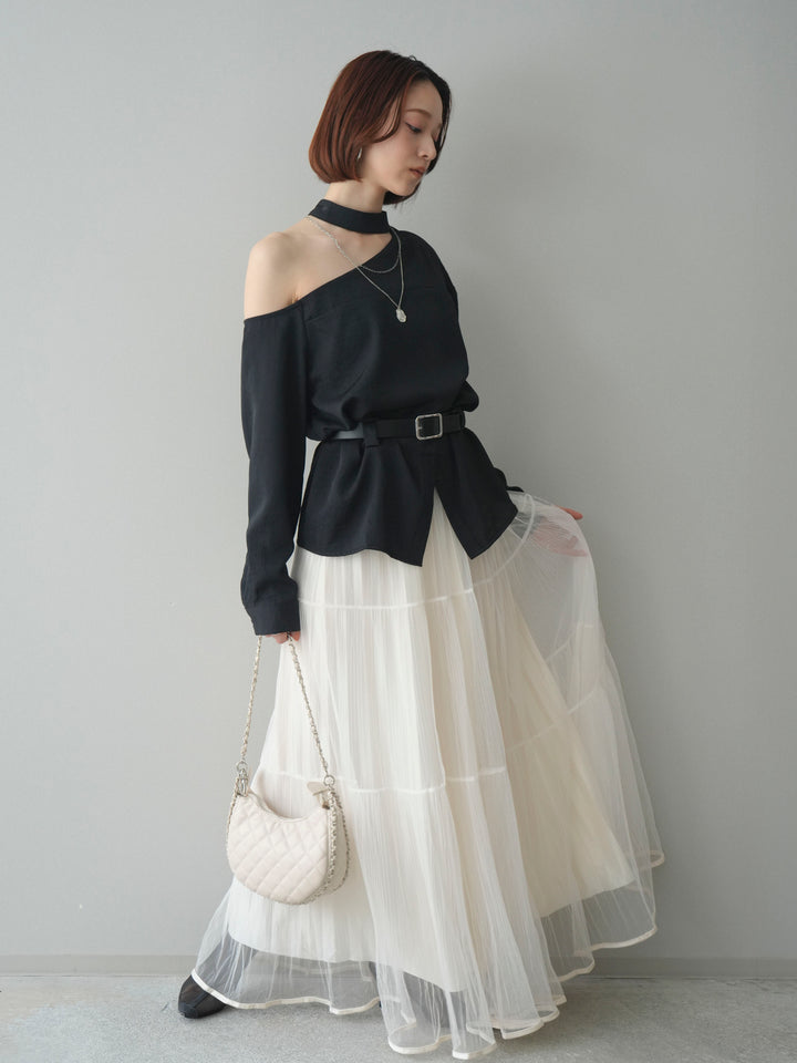 [SET]ベルト付ワンショルダースリットブラウス+ラメプリーツレイヤードチュールロングスカート(2set)
