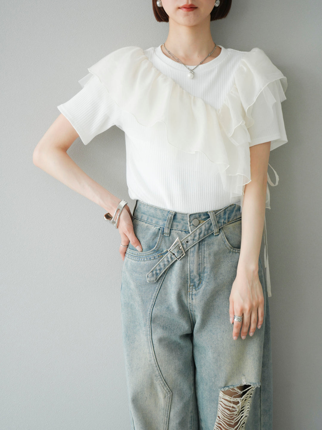 [予約]アシメフリルドッキングカットソー/オフホワイト
