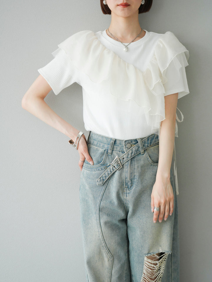 [予約]アシメフリルドッキングカットソー/オフホワイト