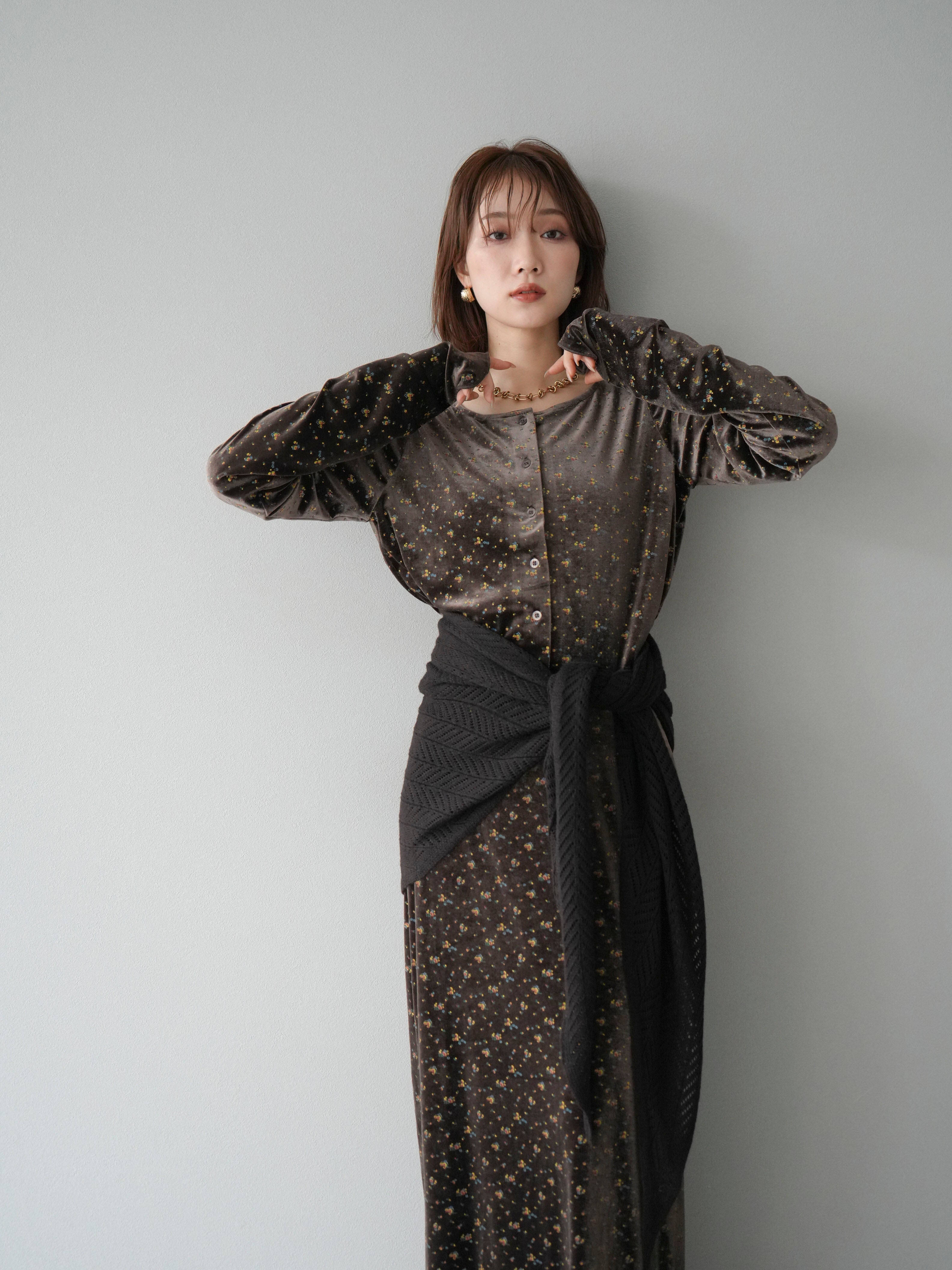 ベロアカーディガン　ベロアスカート　2点 SET]ベロアフラワープリントカーディガン+ベロアフラワープリントI