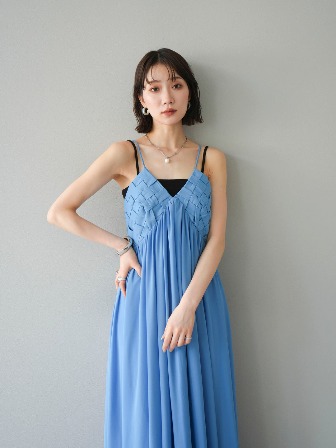 [SET]編み込みデザインシフォンワンピース+カップ付テレコリブベアキャミソール(2set)