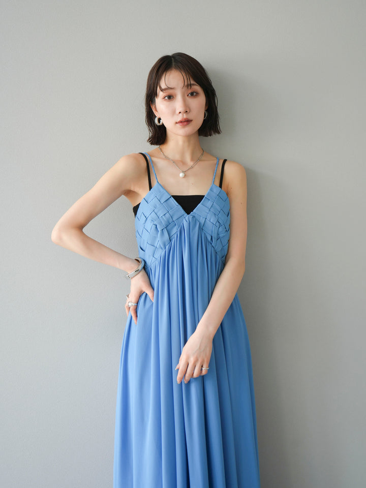 [SET]編み込みデザインシフォンワンピース+カップ付テレコリブベアキャミソール(2set)