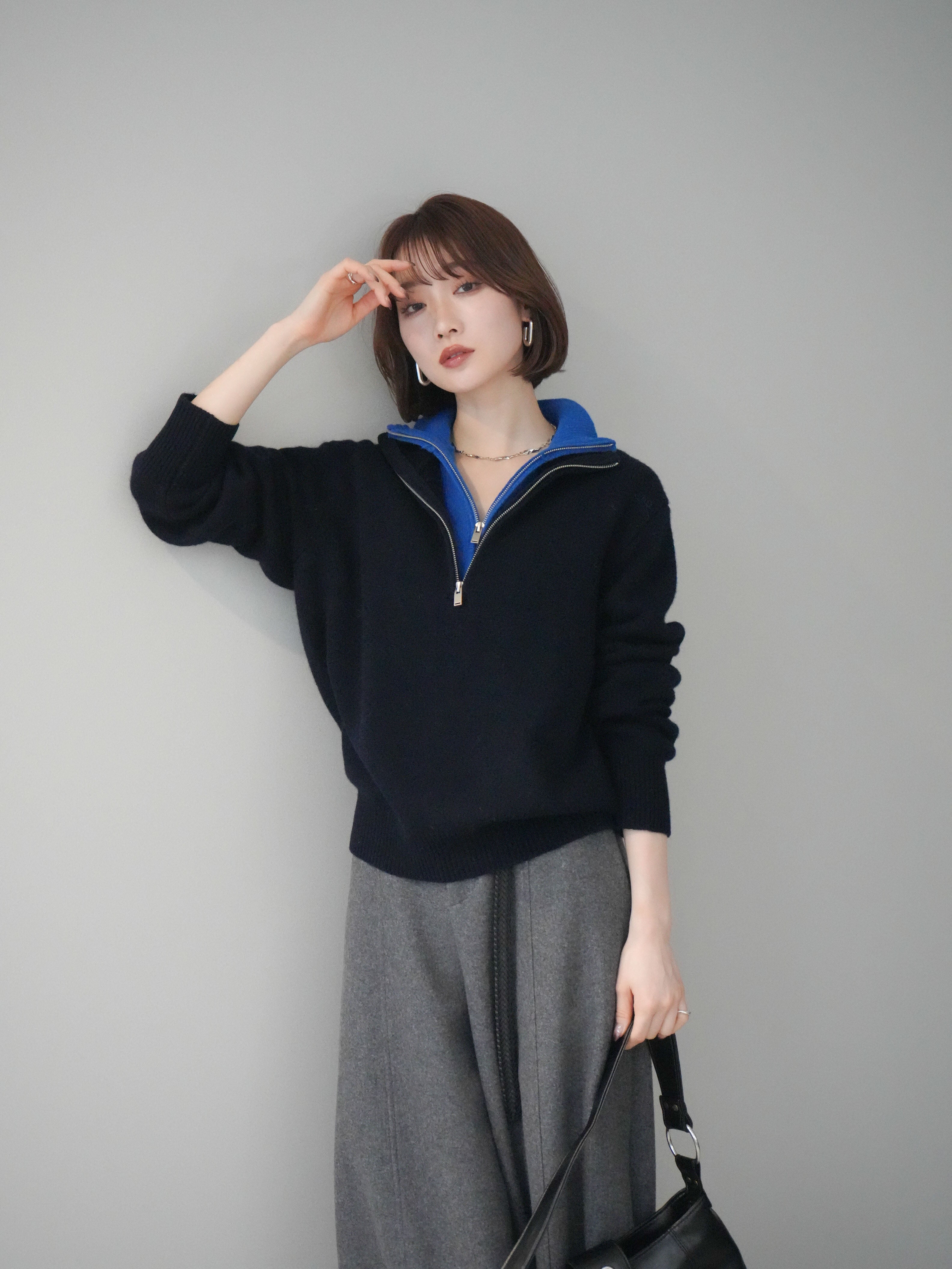 2枚セット売 未使用　試着のみ　カシミアハーフジップセーター　ブラウン&ネイビー SET]ウールxカシミヤハーフジップダブルネックニットプルオーバー+