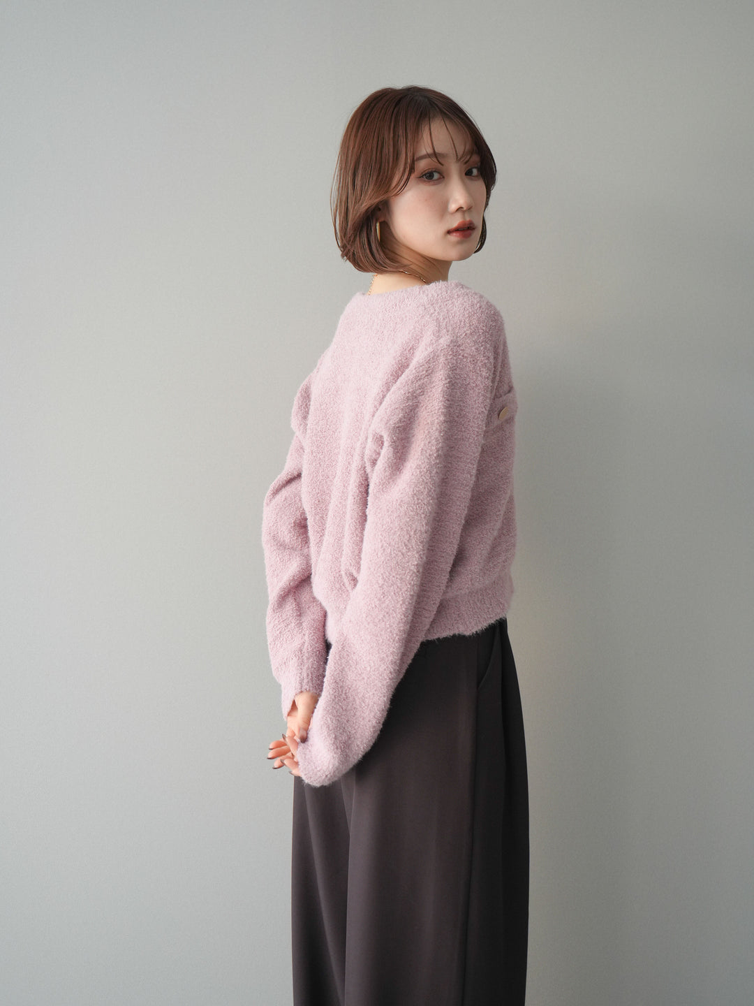 [SET]ゴールドボタンモールニットカーディガン+ベルトループデザインワイドパンツ(2set)