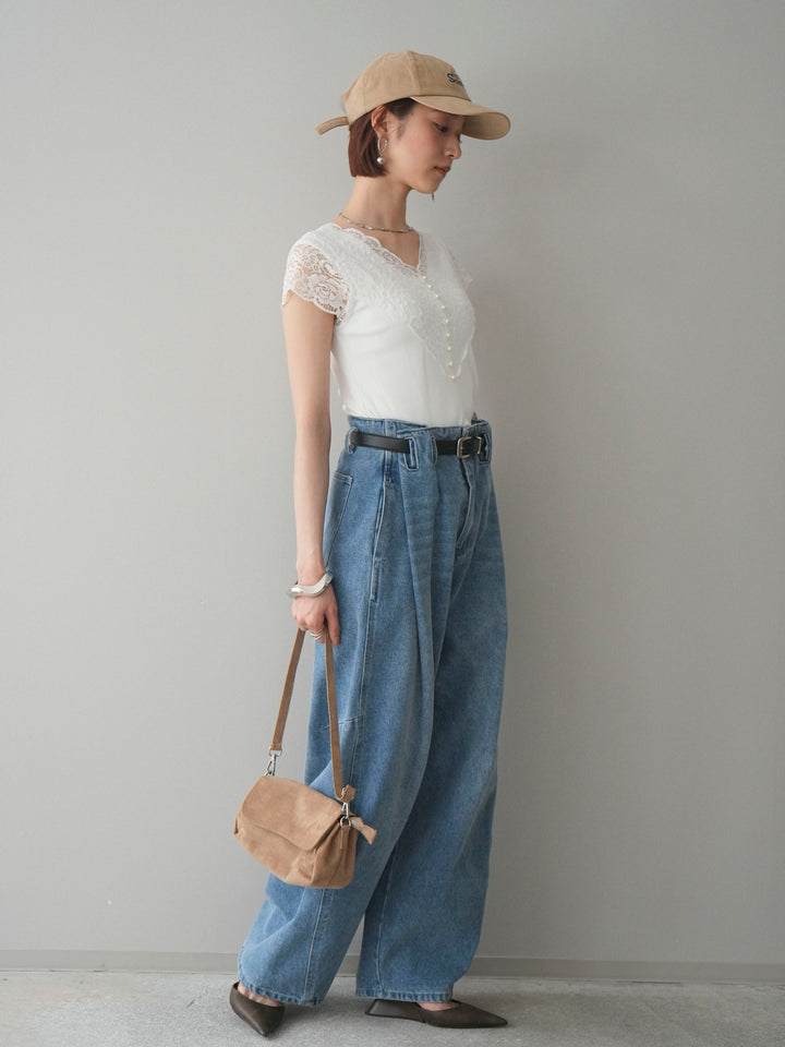 [SET]パールボタンレース切替ニットトップス+ハイウエストベルトループデザインデニムパンツ(2set)