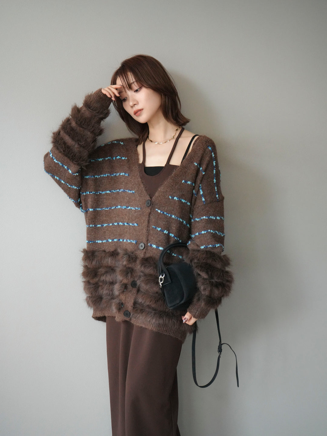 [予約]フェザーライン配色シャギーニットカーディガン/ブラウン