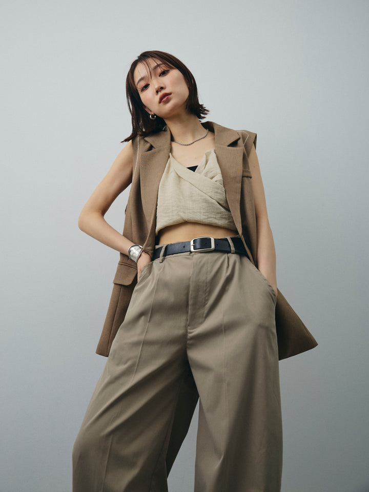 [SET]ステッチデザインベスト+リネンライクカシュクールデザインビスチェ+コクーンワイドチノパンツ(3set)