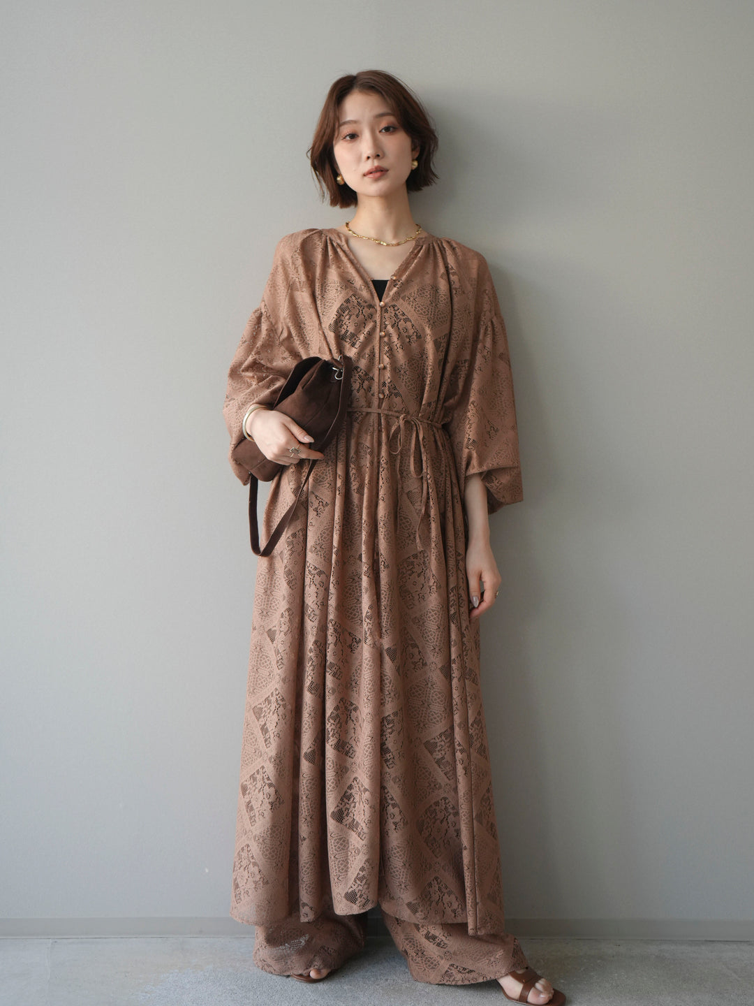 [SET]シアーレースロングガウン+シアーレースイージーパンツ(2set)