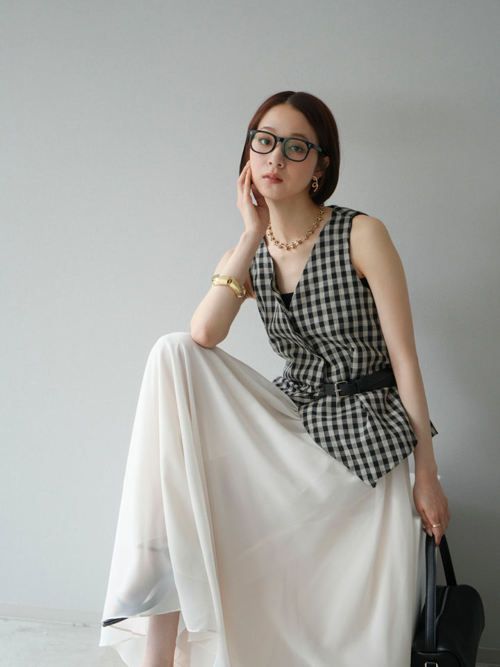 [予約]ベルトデザインバルーンブラウス/チェック