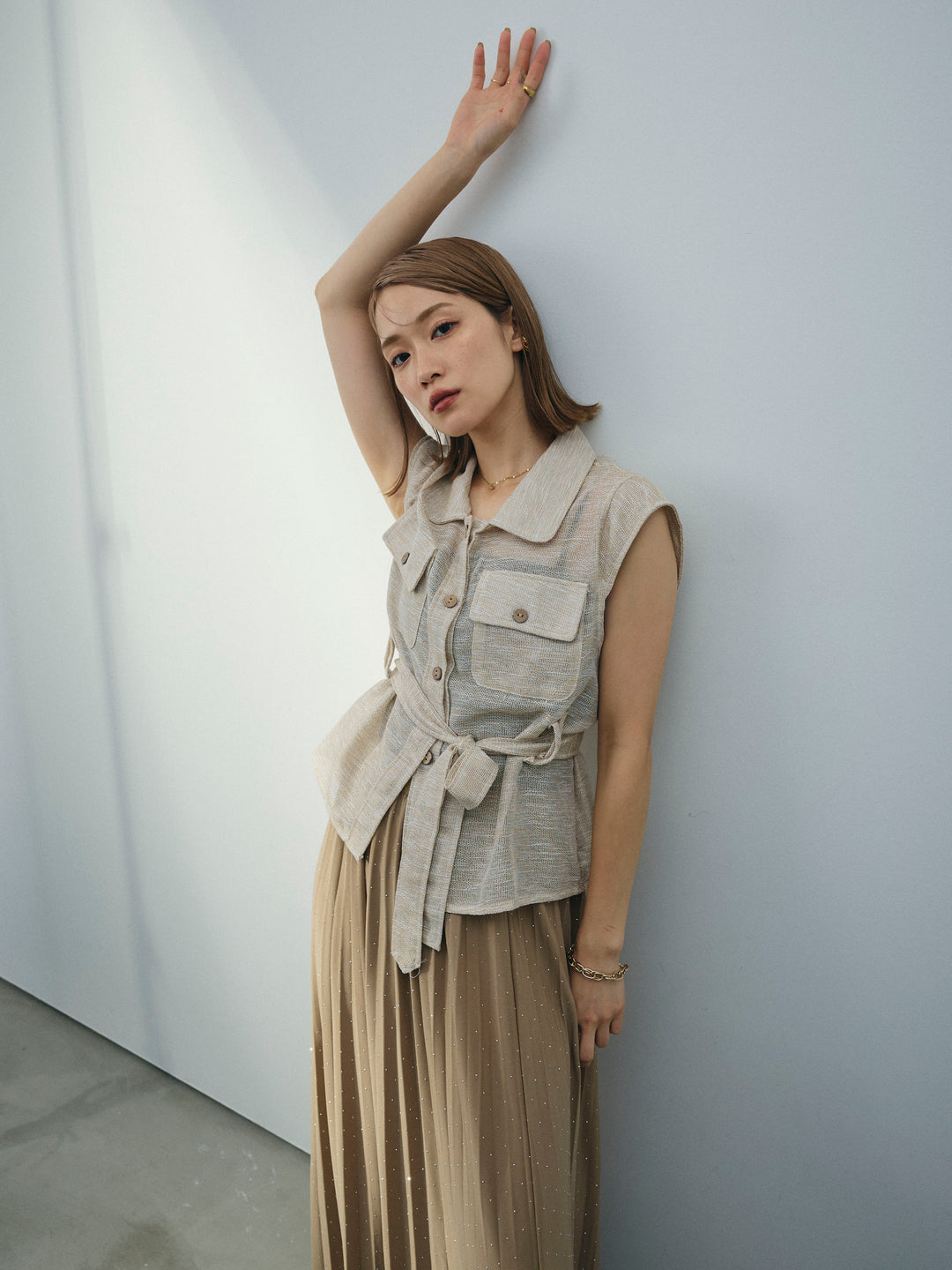 [予約]ミックスヤーンメッシュブラウス/ベージュ