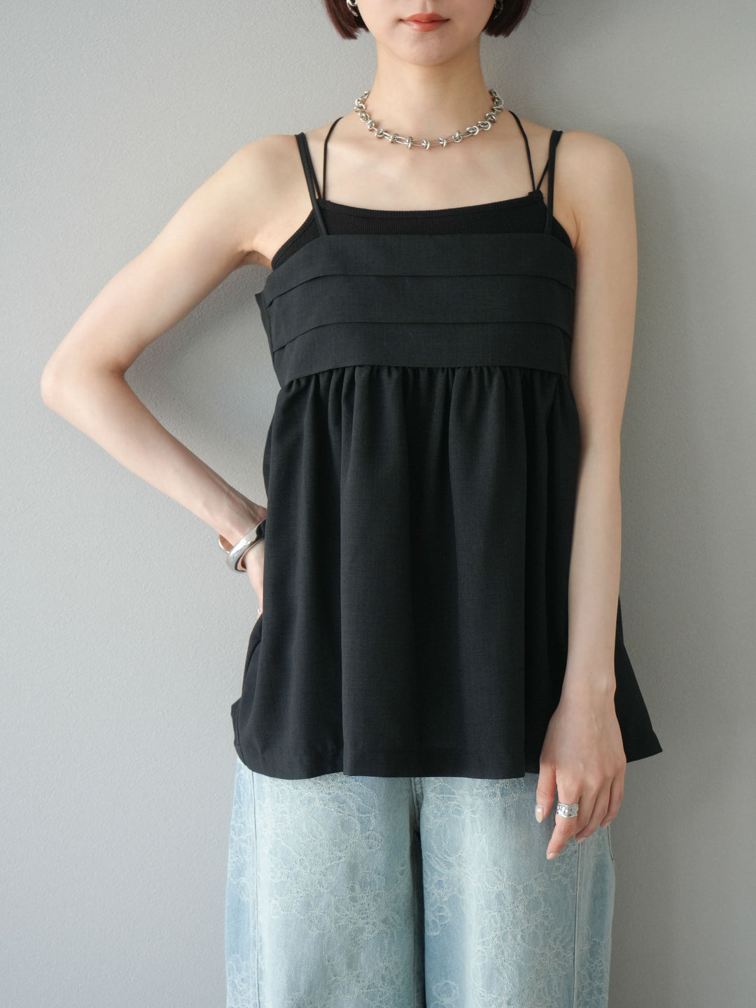 [予約]リネンライクビスチェデザインキャミソール/ブラック