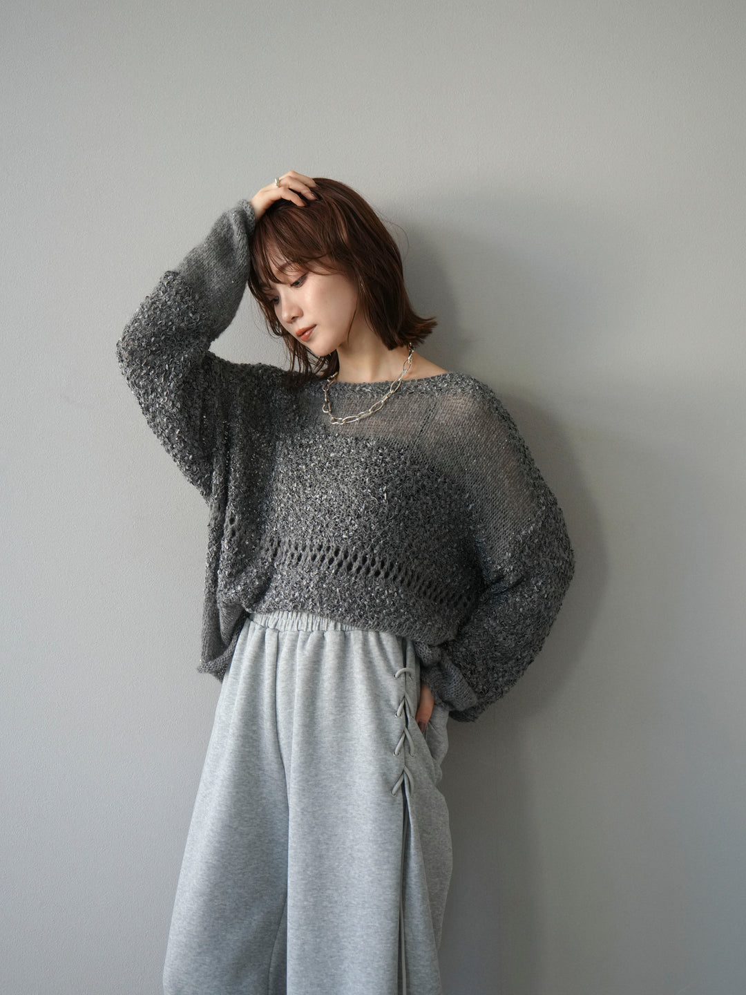 [予約]ミックスヤーンデザイン編みメッシュニットプルオーバー/グレー