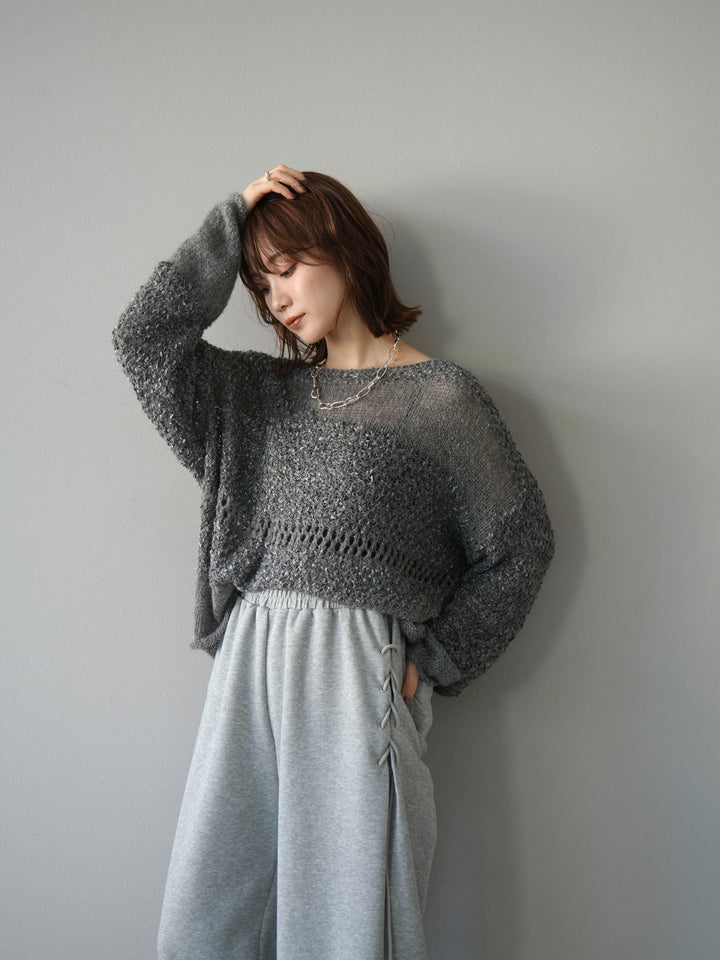 [予約]ミックスヤーンデザイン編みメッシュニットプルオーバー/グレー