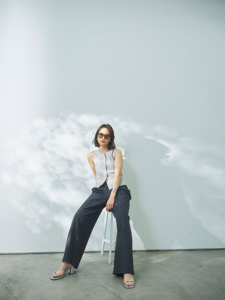 【Allure】[SET]フロントボタンテレコリブタンクトップ+ストライプイージーパンツ(2set)