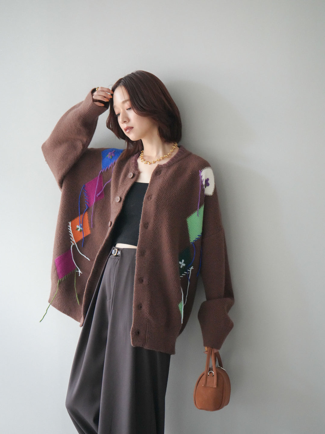 [SET]ハンドステッチアーガイルデザインニットカーディガン+ベルトループデザインワイドパンツ(2set)