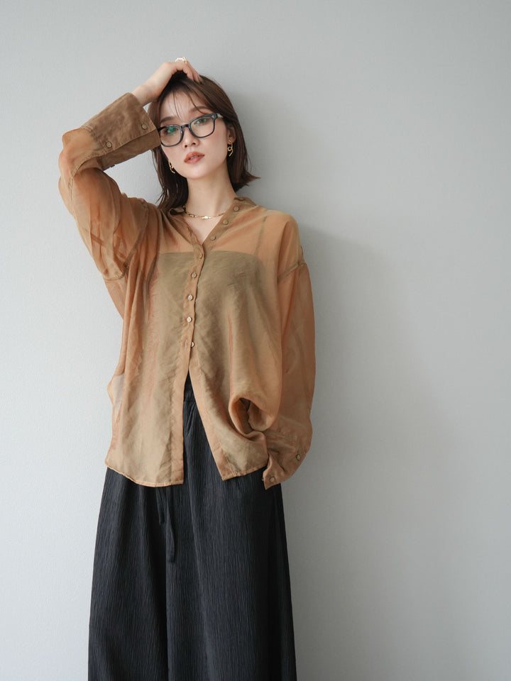 [SET] 亮面透視立領襯衫 + 柳葉寬褲 (2set)