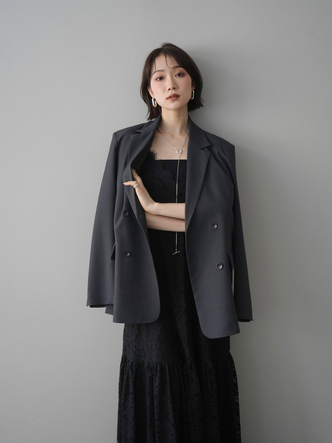 [SET]ギャザー切替レースキャミワンピース+ダブルブレストオーバージャケット(2set)