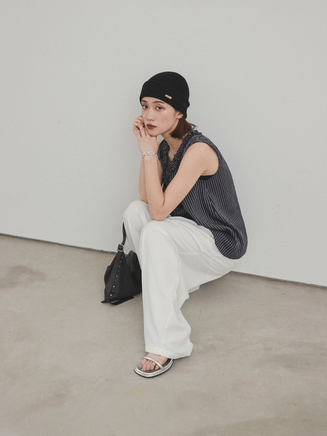 【預購】條紋荷葉邊襯衫/黑色