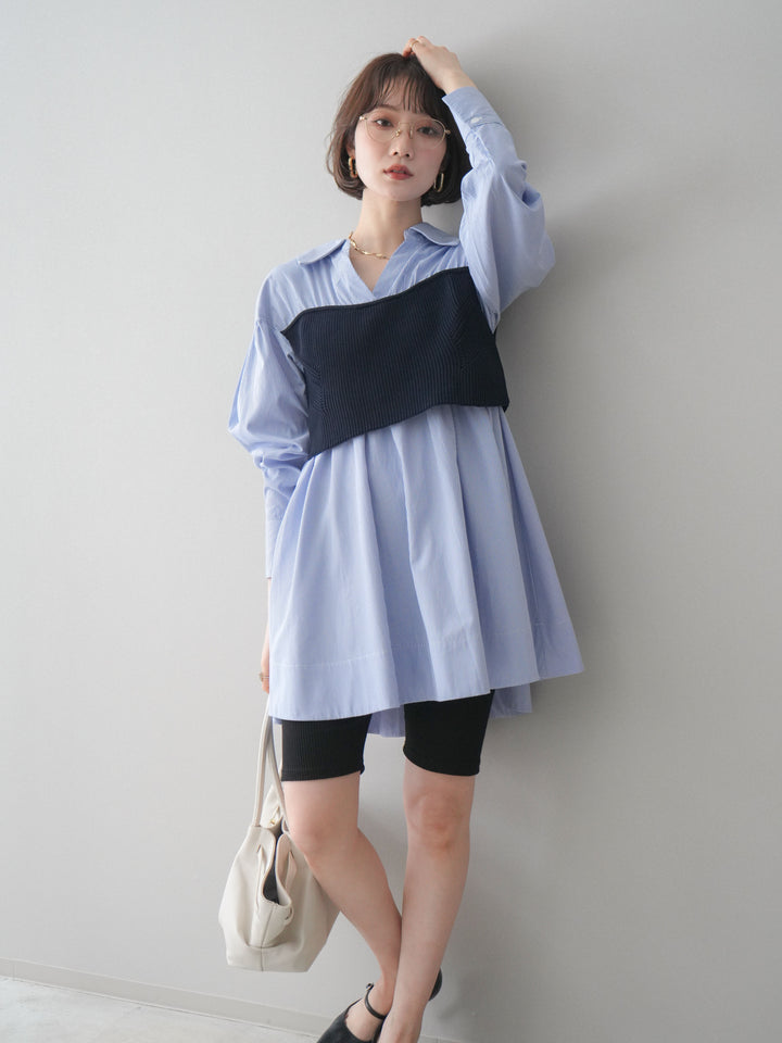 [予約]ニットビスチェドッキングフレアシャツチュニック/stripe