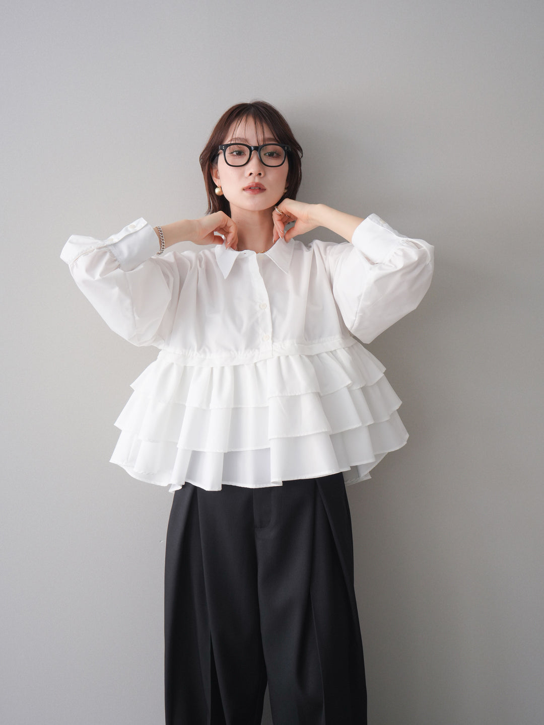 [SET]ブロードティアードショートシャツ+TRツイルデザインタックワイドパンツ(2set)