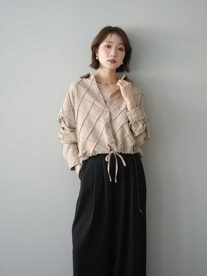 [SET]パイピングクロスデザインブラウス+編み込みベルト付タックワイドパンツ(2set)