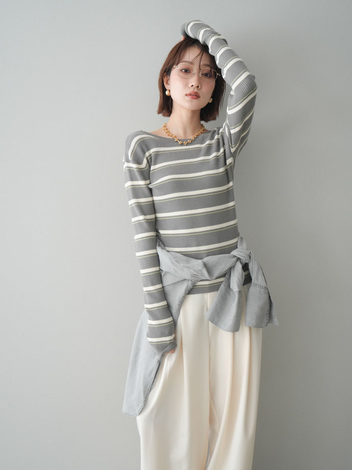 [予約]バックオープンテレコリブマルチボーダートップス/gray