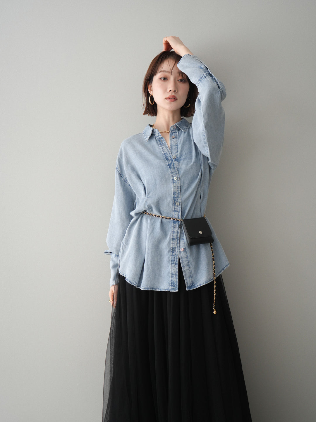 [SET]テンセルデニムタックシャツ+チュールボリュームスカート(2set)