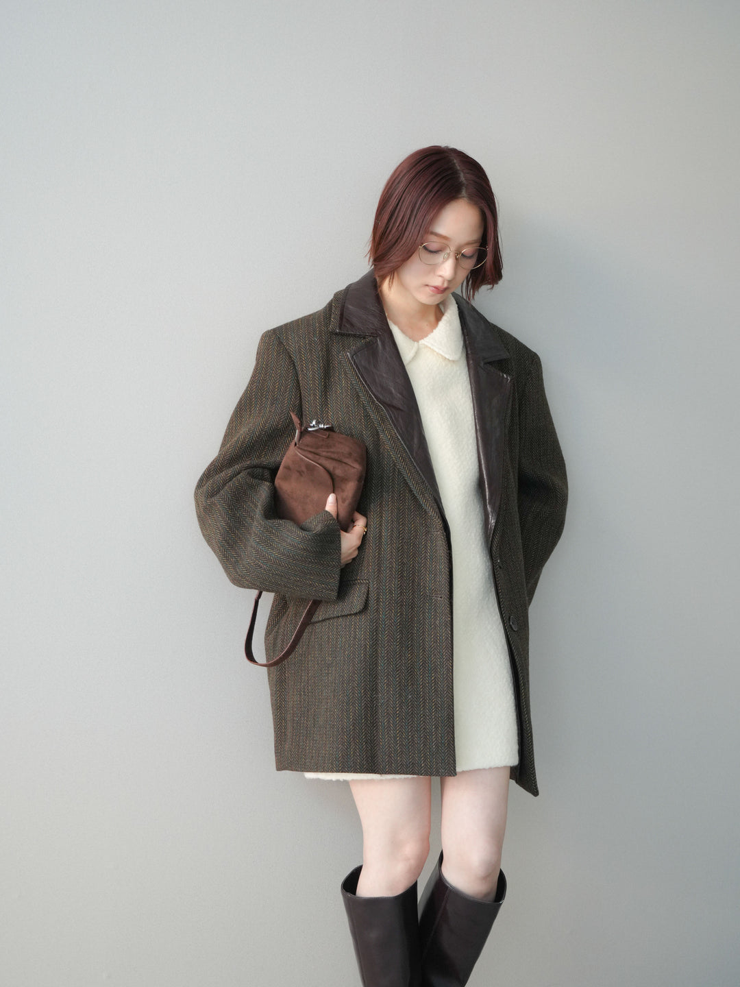 [SET]襟付きブークレミニワンピース+レイヤードデザインツイードテーラードジャケット(2set)