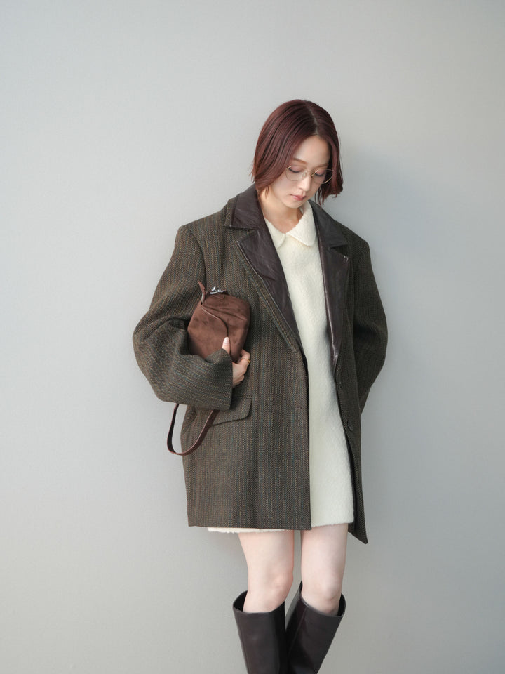 [SET]襟付きブークレミニワンピース+レイヤードデザインツイードテーラードジャケット(2set)