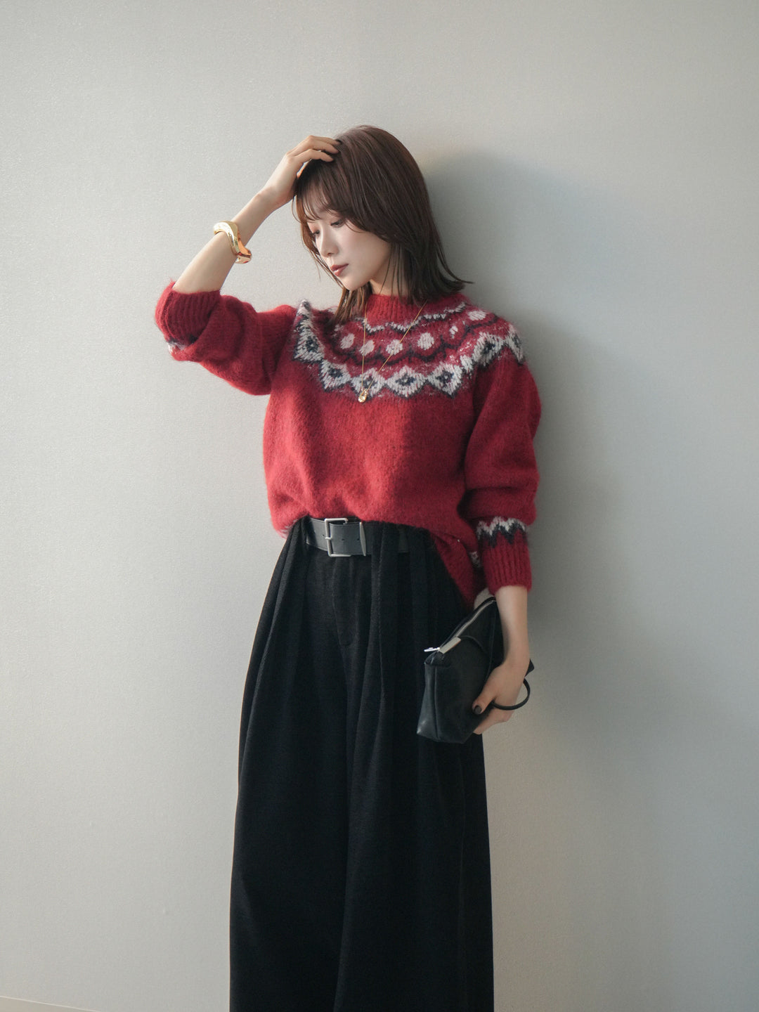 [予約]ソフトタッチ求心柄ニットプルオーバー/red