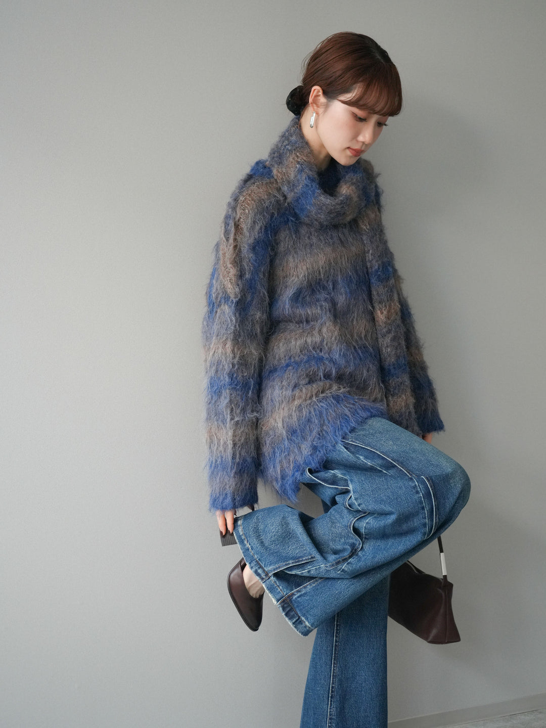 [予約]ストール付シャギーマルチボーダーニットプルオーバー/blue