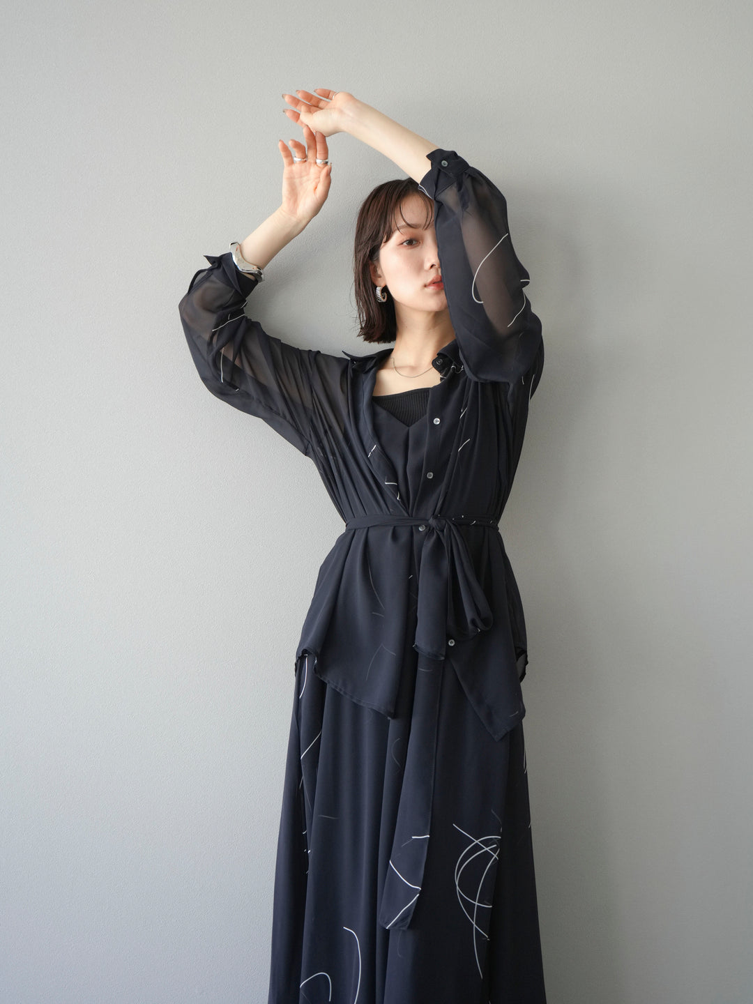 [SET]ペンタッチシフォンキャミワンピース+ペンタッチシフォンシャツ(2set)