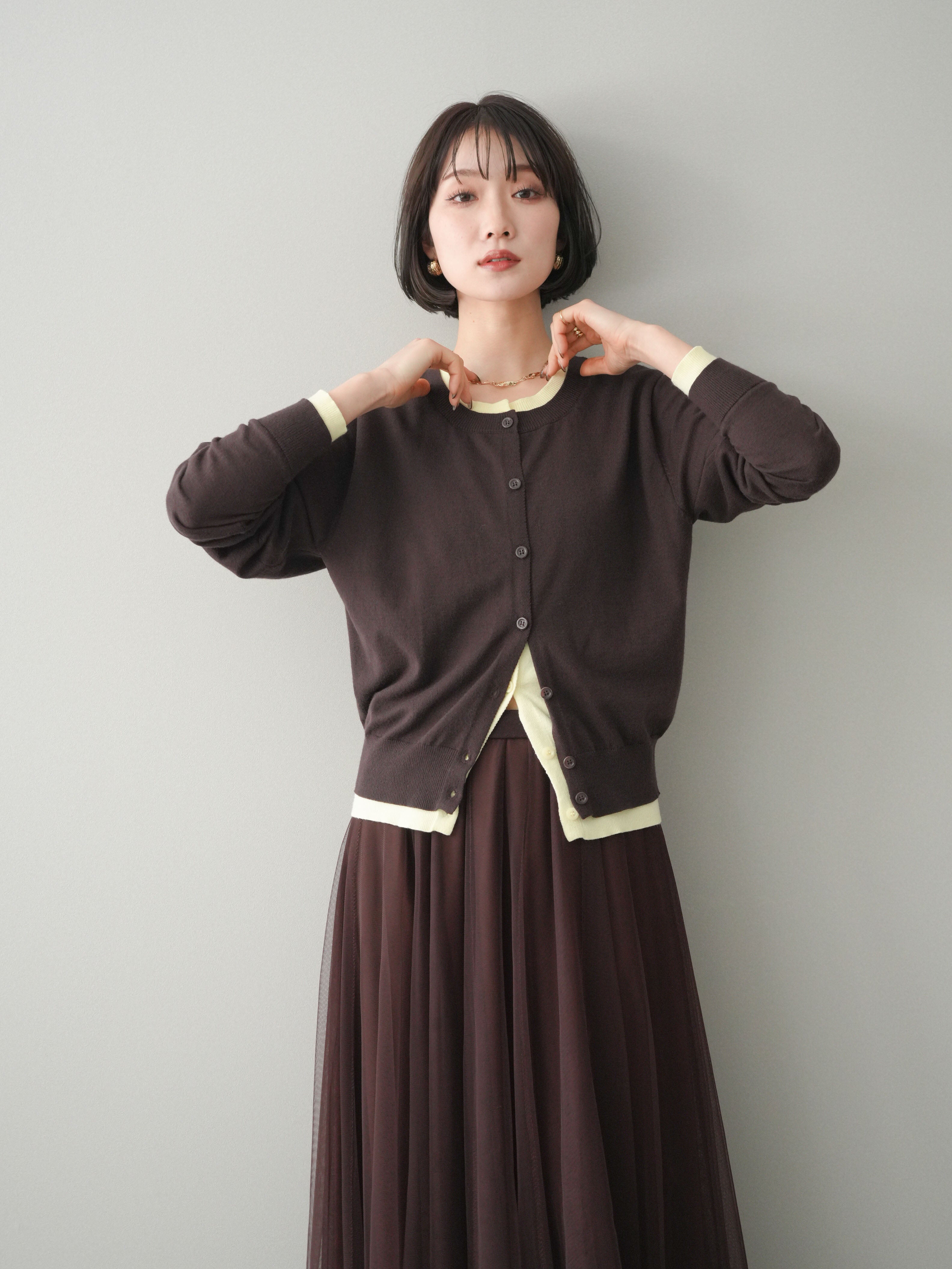 予約]配色レイヤードニットカーディガン/brown – Lumier