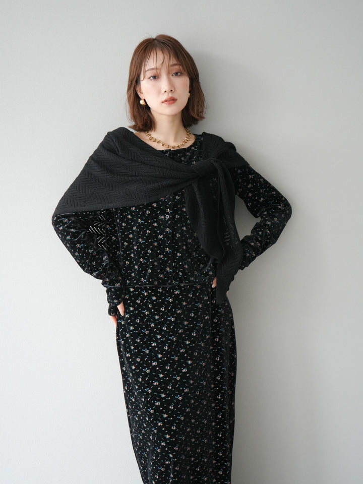 [予約]ベロアフラワープリントカーディガン/ブラックxイエロー