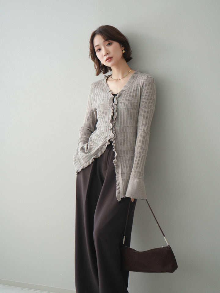 [予約]フロントフリルリブニットカーディガン/greige