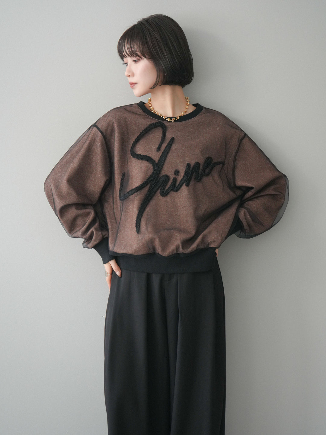 [予約]チュールレイヤードロゴスエットプルオーバー/brown