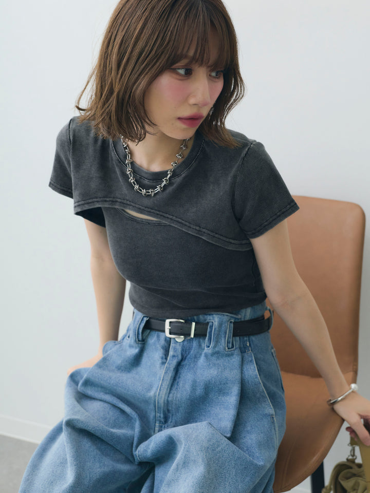 [SET]フロントオープンレイヤードトップスセット+ハイウエストベルトループデザインデニムパンツ(2set)