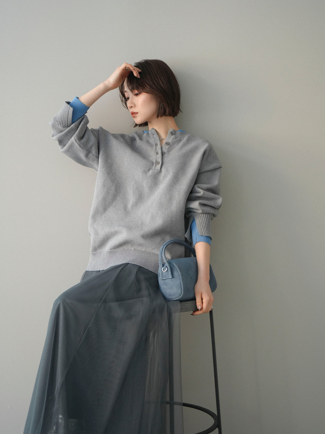 [予約]2WAYネック配色レイヤードニットプルオーバー/gray