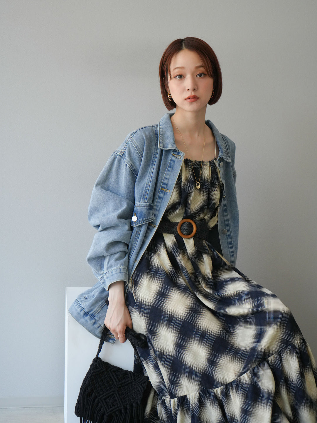 [SET]ベルト付チェックノースリーブワンピース+ビンテージデザインBIGデニムジャケット(2set)