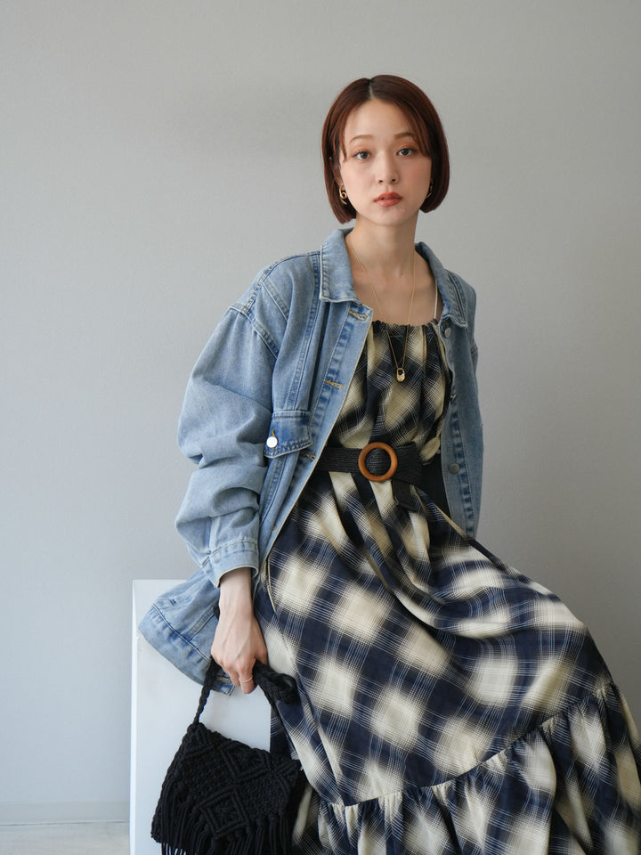 [SET]ベルト付チェックノースリーブワンピース+ビンテージデザインBIGデニムジャケット(2set)
