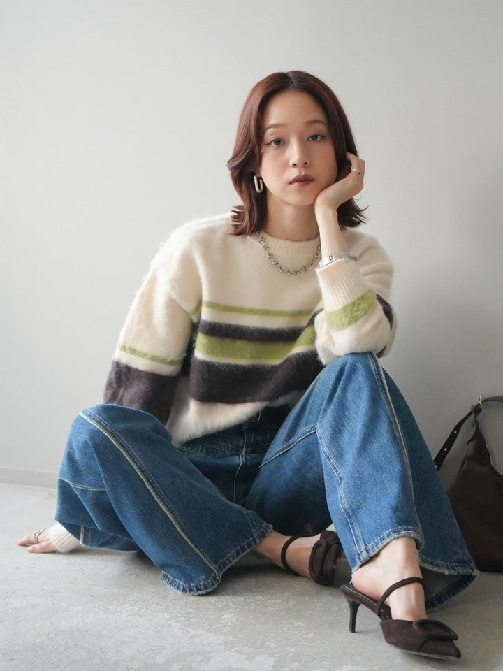 [SET]ソフトタッチボーダークロップドニットプルオーバー+サイドフリンジワイドデニムパンツ(2set)