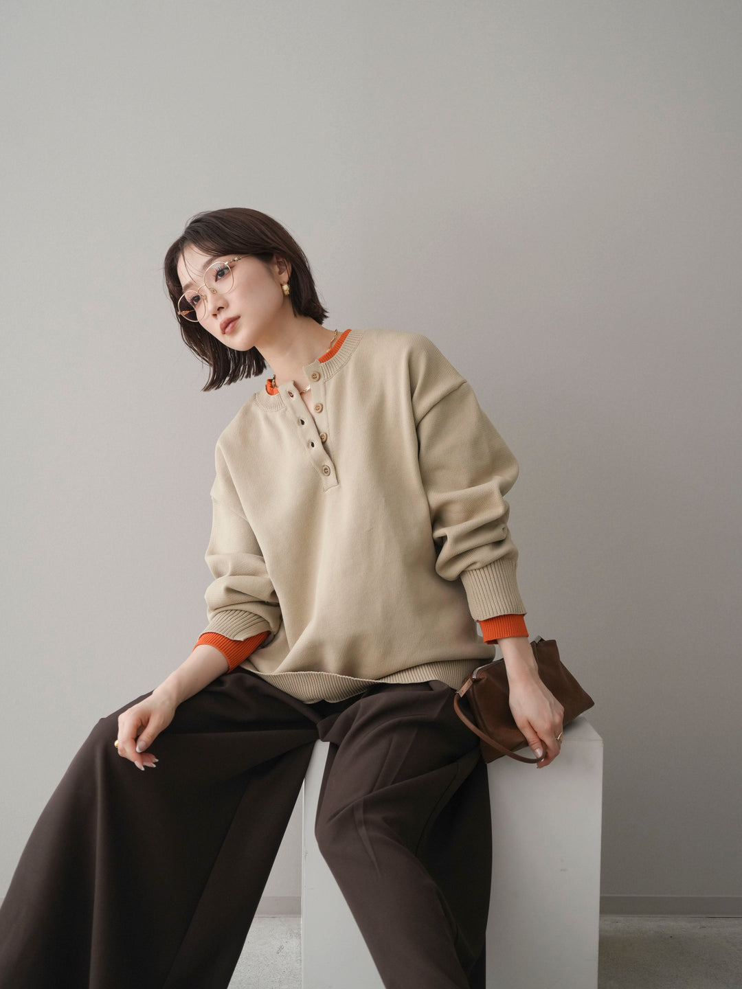 [予約]2WAYネック配色レイヤードニットプルオーバー/beige