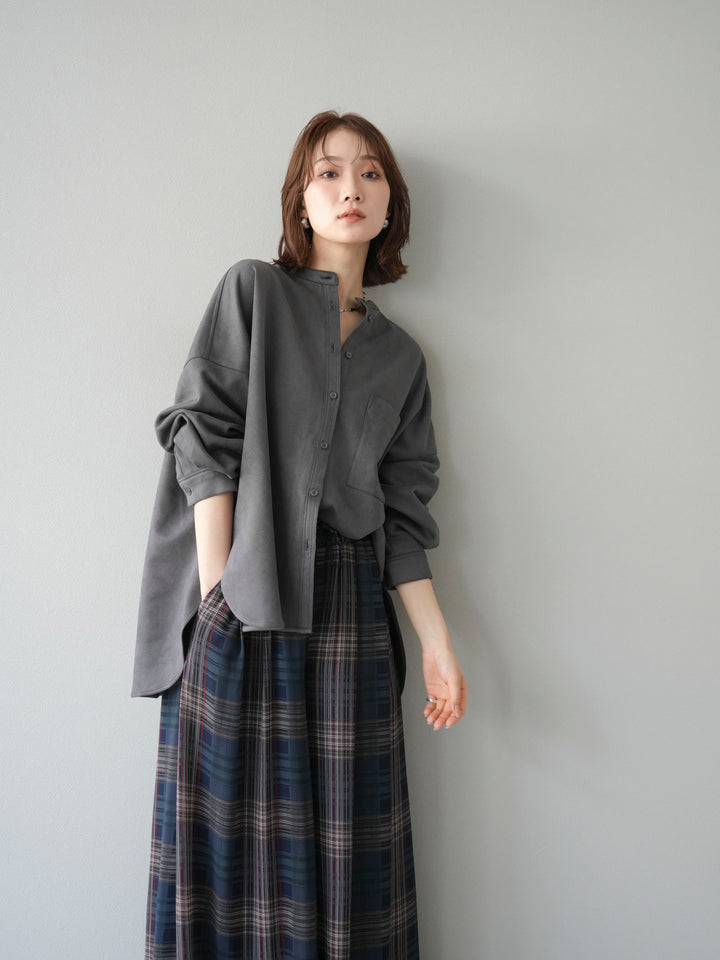 [SET]スエードバンドカラーオーバーシャツ+シアーチェックバギーパンツ(2set)