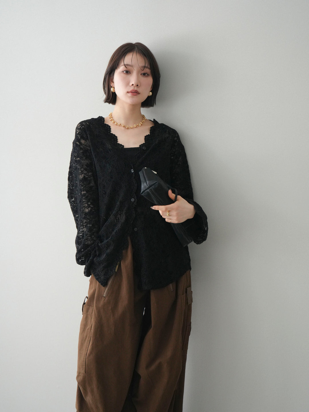 [予約]Vネックレースブラウス/black
