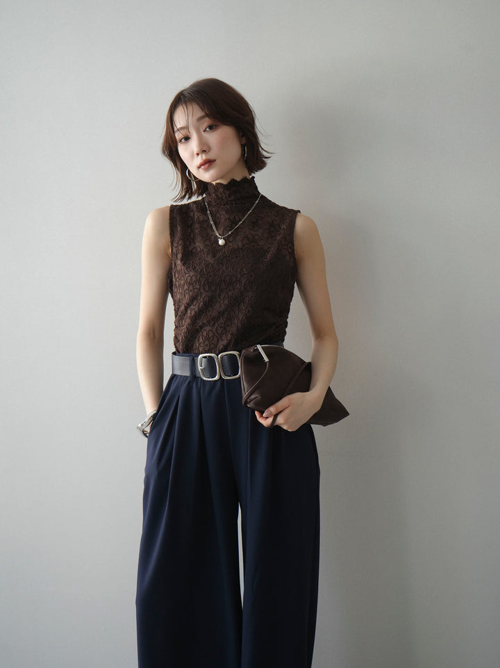 [予約]ノースリーブプチネックフラワージャガードトップス/brown