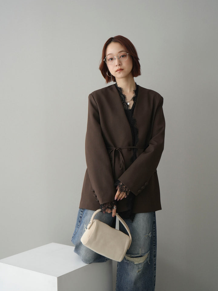 [SET]ノーカラーレースジャケット+ダメージデニムセミワイドパンツ(2set)