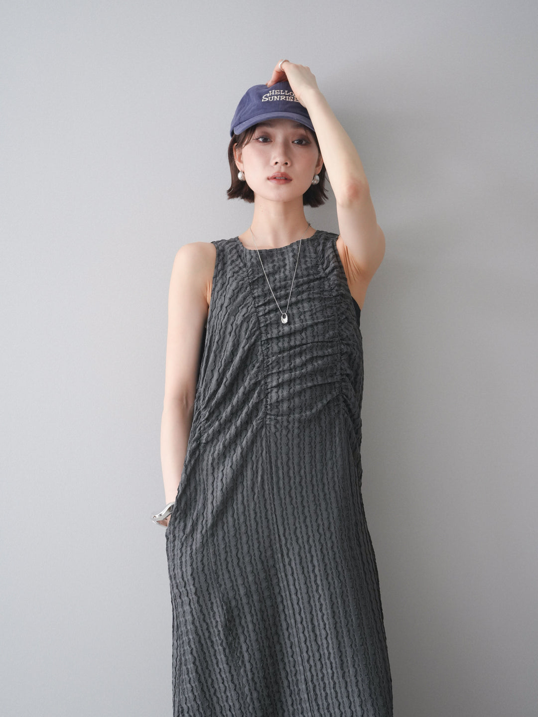 [予約]シャーリングジャガードノースリーブワンピース/gray