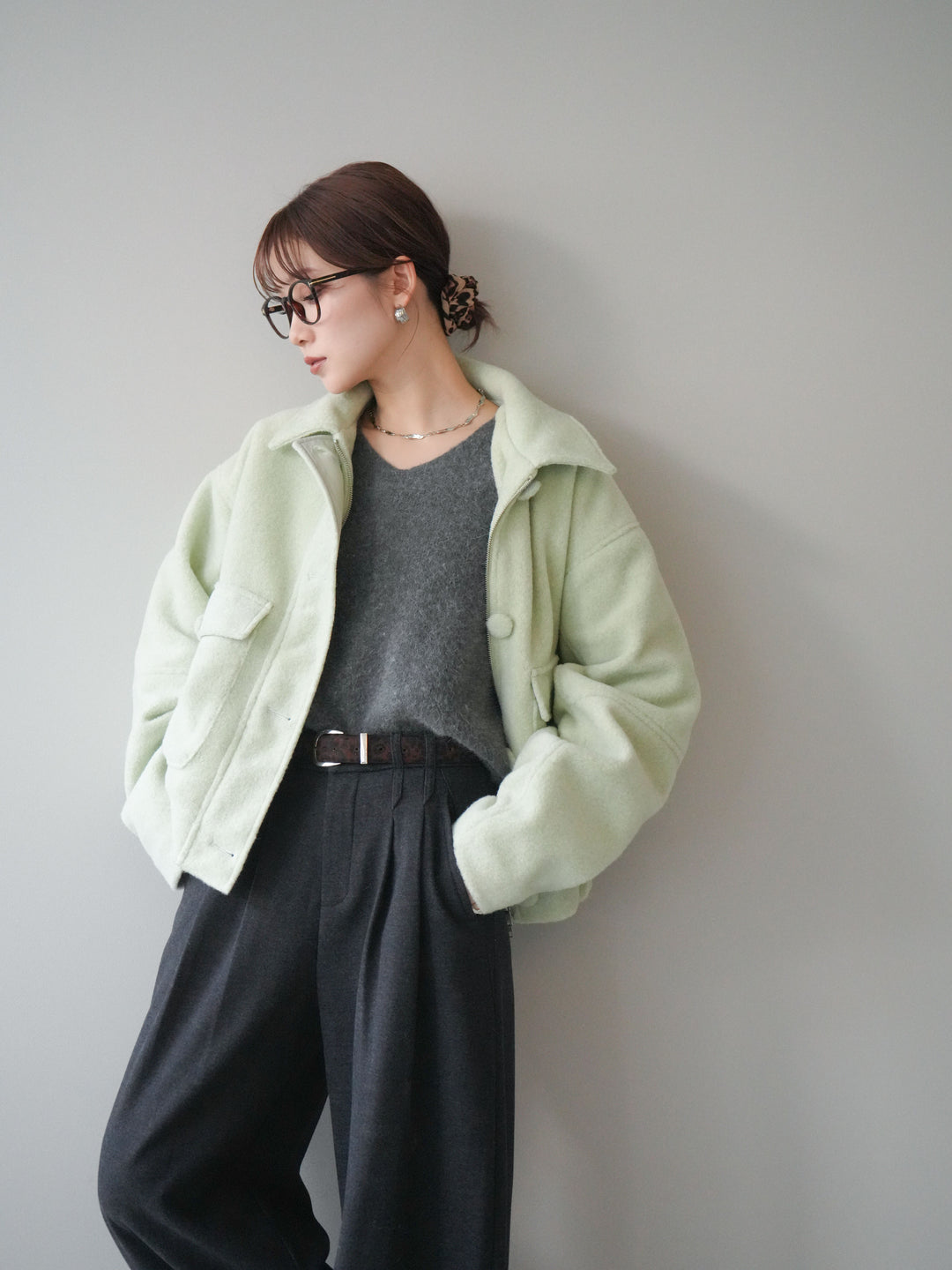 [SET]ウールライクフライトジャケット+シュシュ付きアンゴラタッチVネックニットプルオーバー(2set)