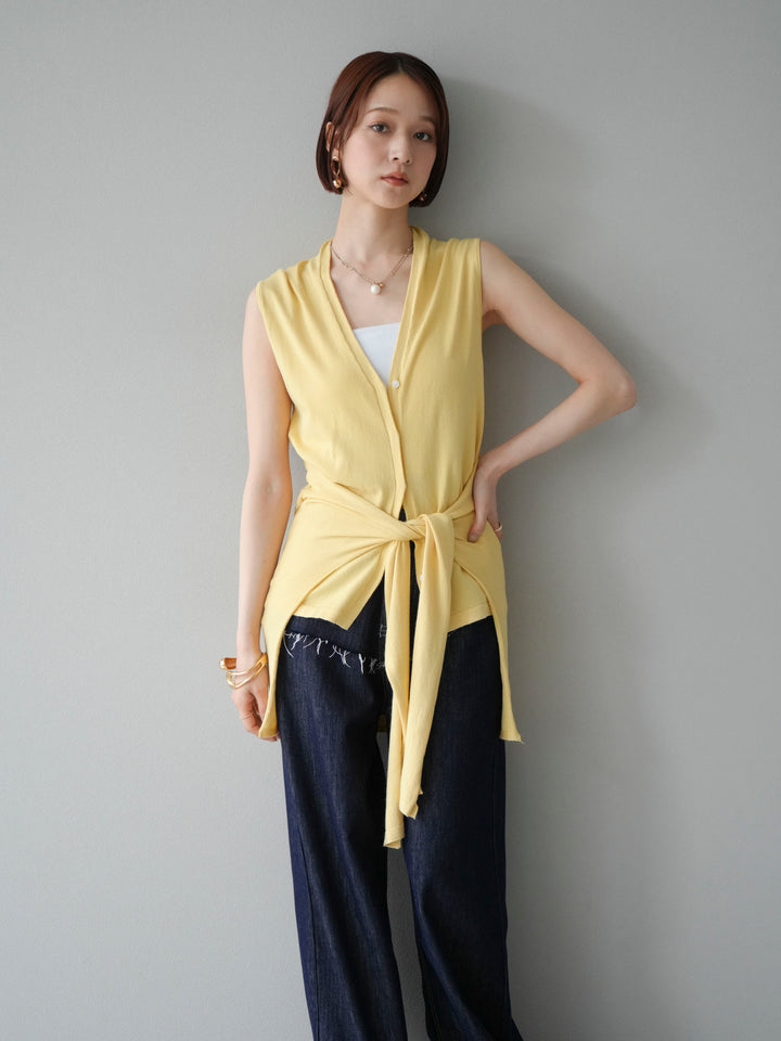 [SET]腰巻きデザインノースリーブニットカーディガン+ヒップデザインデニムパンツ(2set)