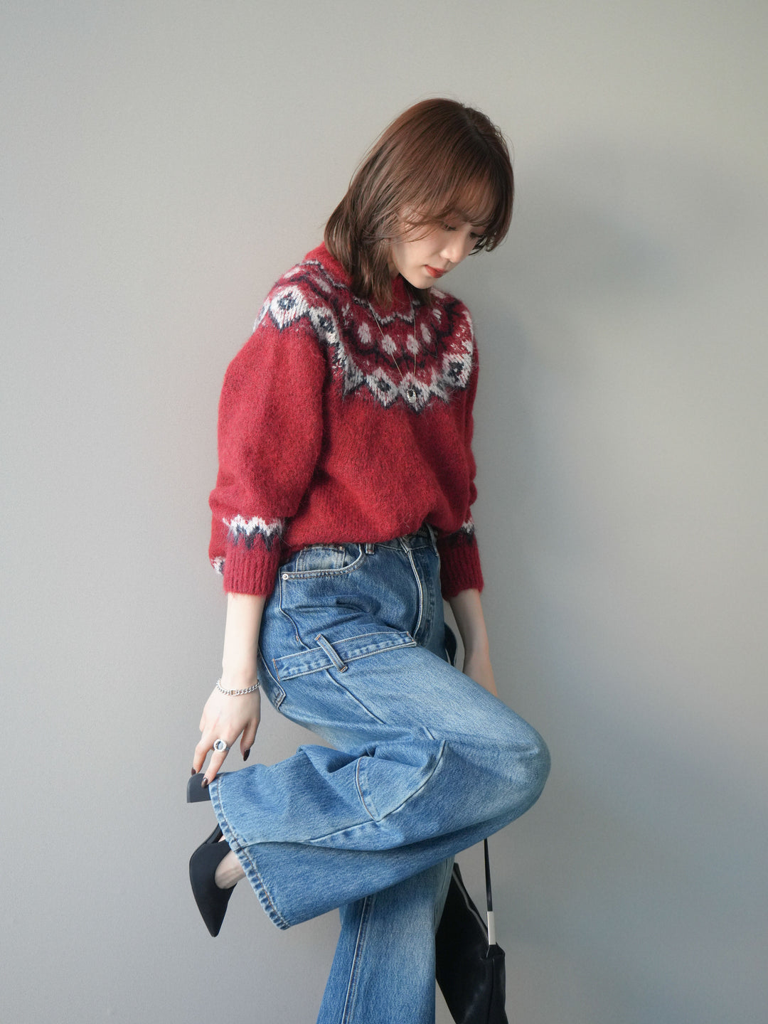 [予約]ソフトタッチ求心柄ニットプルオーバー/red